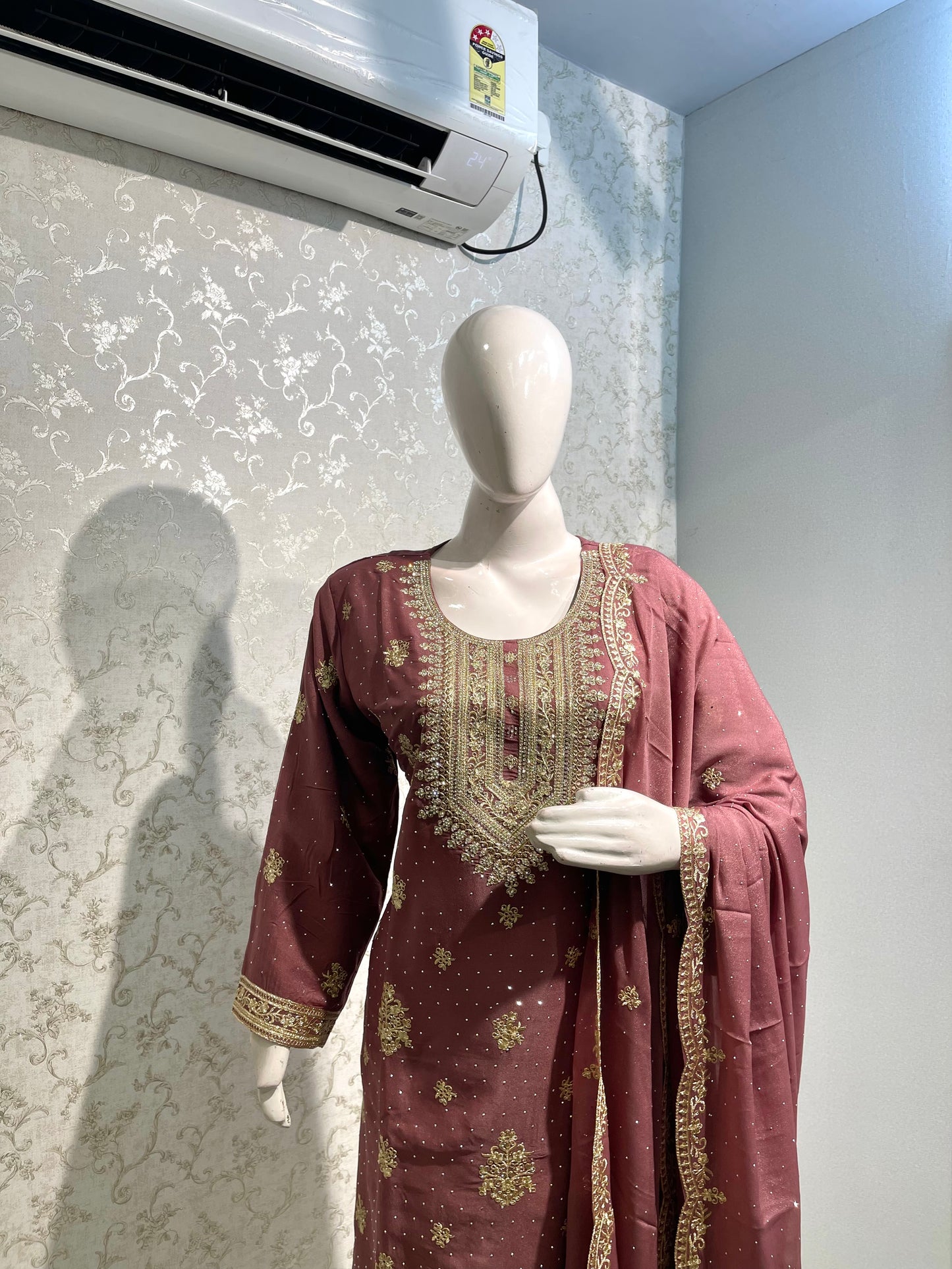 Silk Straight Kurta Set with Intricate Zari & Stone Embroidered Neckline