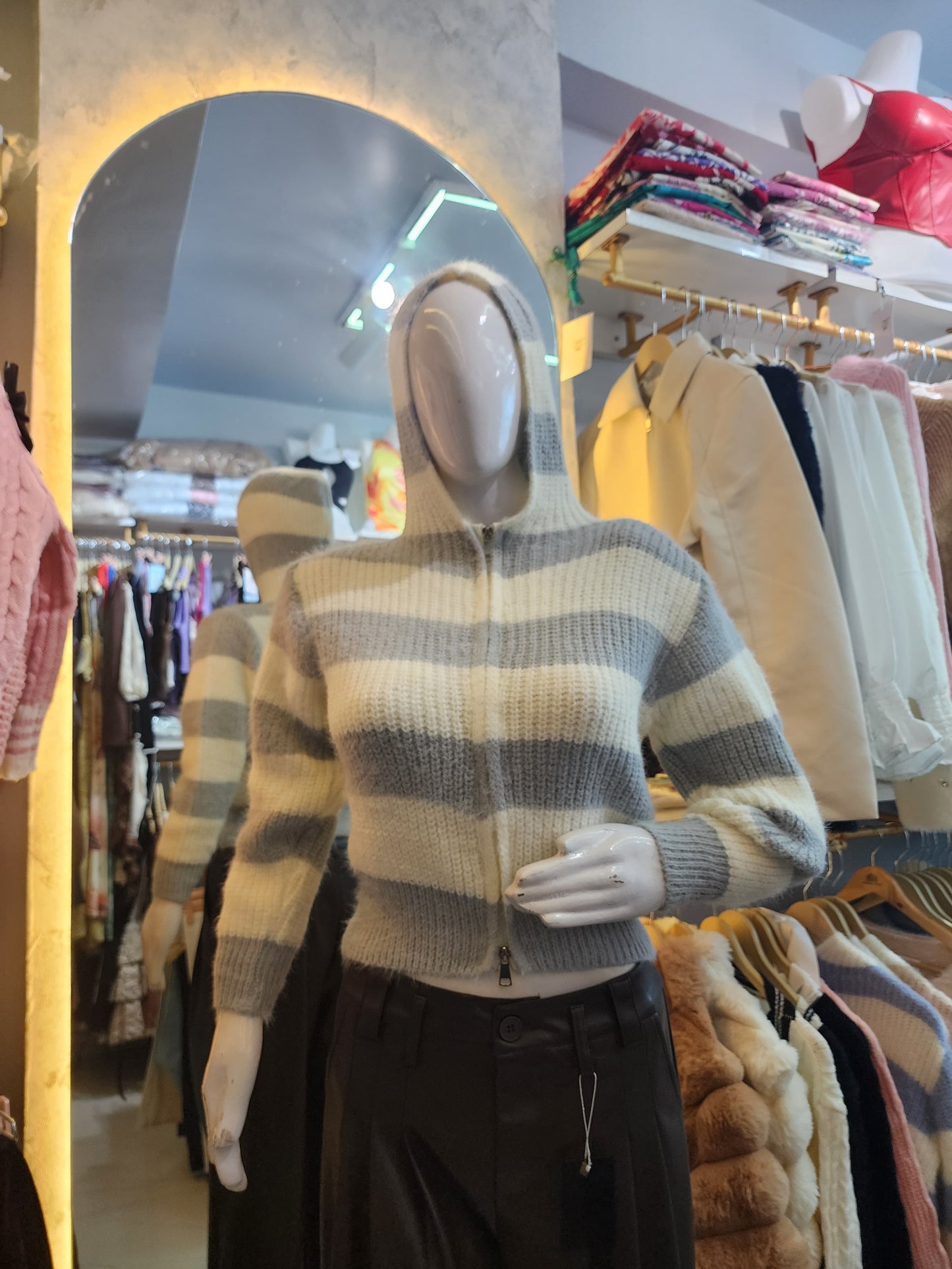 Striped Cropped Knit Hoodie Jacket with zipper