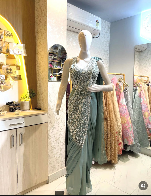 Sage Green Georgette Pre-Draped Saree with Intricate Pearl & Sequin Embellished Blouse