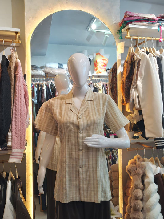 "Safari Chic" Beige Plaid Button-Up Shirt