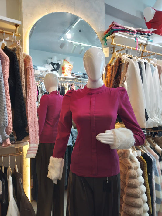 Magenta Top with White Fur Cuffs