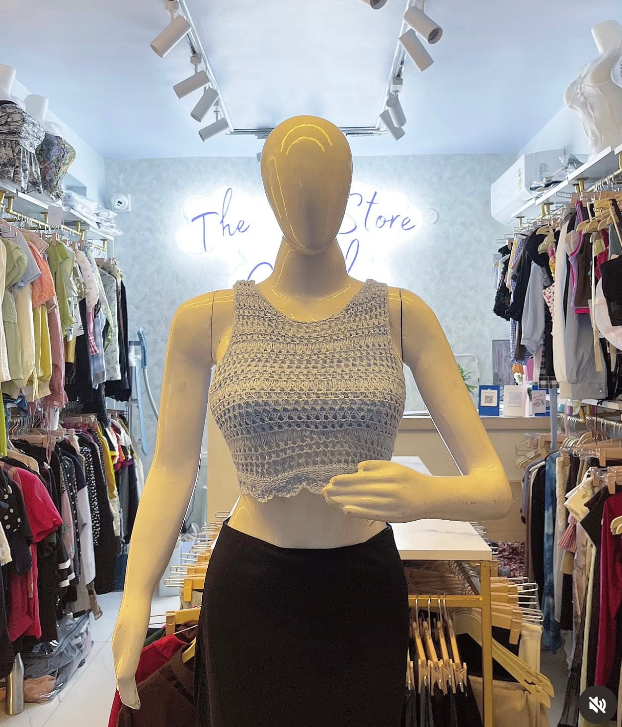 Powder Blue Open-Knit Crochet Sleeveless Crop Top with Scalloped Hem