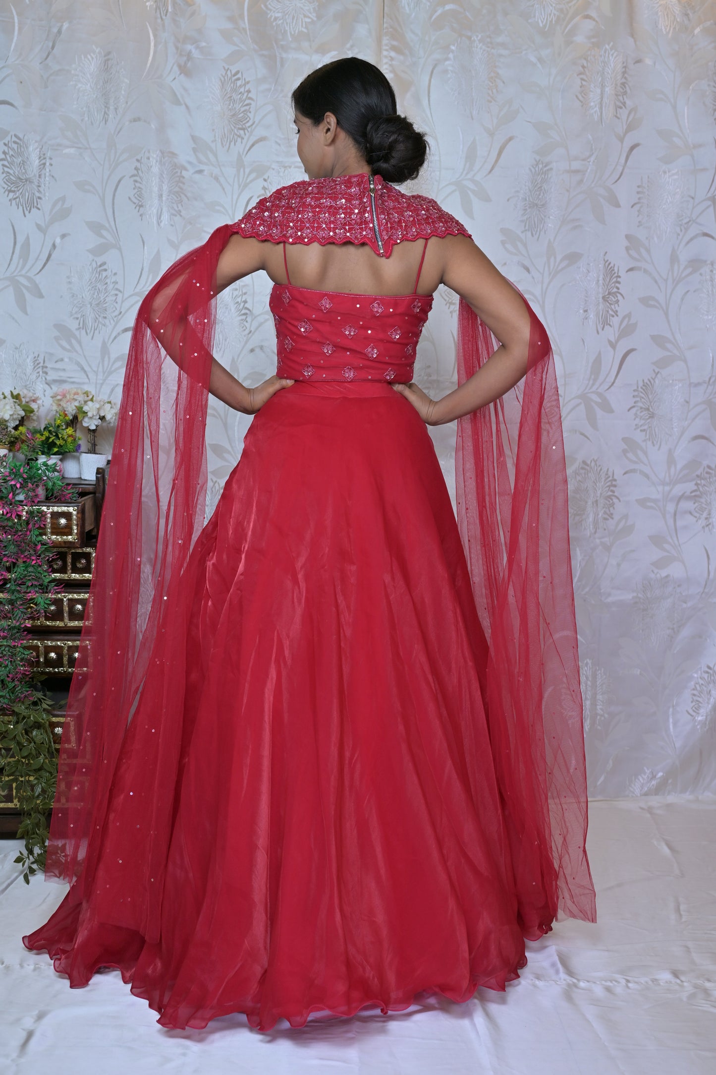 Glamorous Red Sequin Drape Lehenga