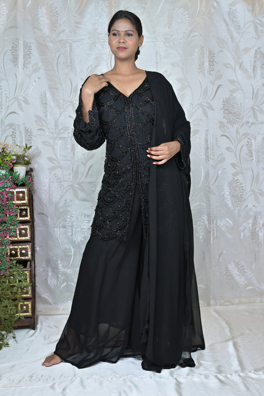 Black Beaded Indo-Western Dress with Georgette Pants