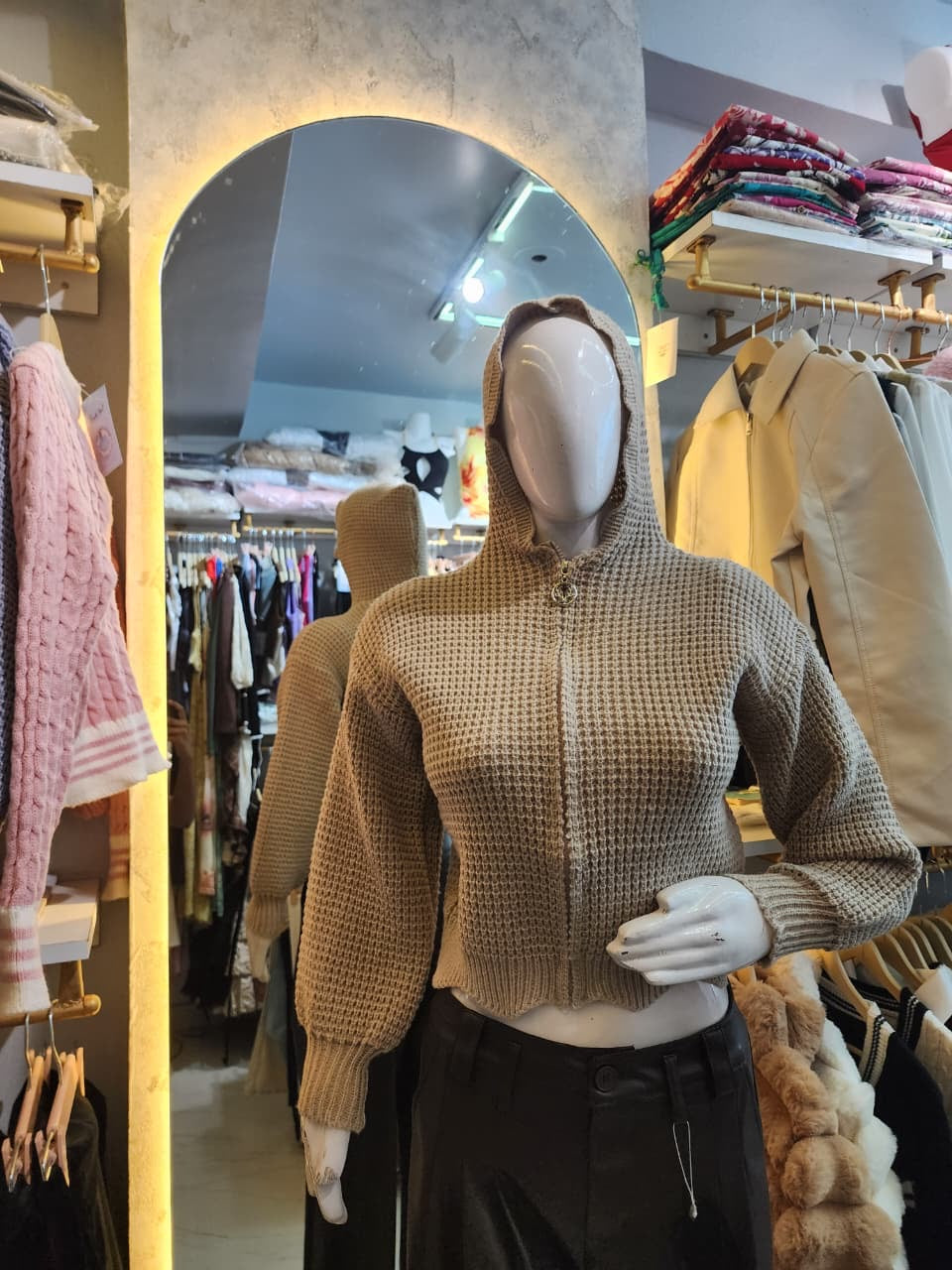 Cropped Waffle Knit Hoodie Cardigan