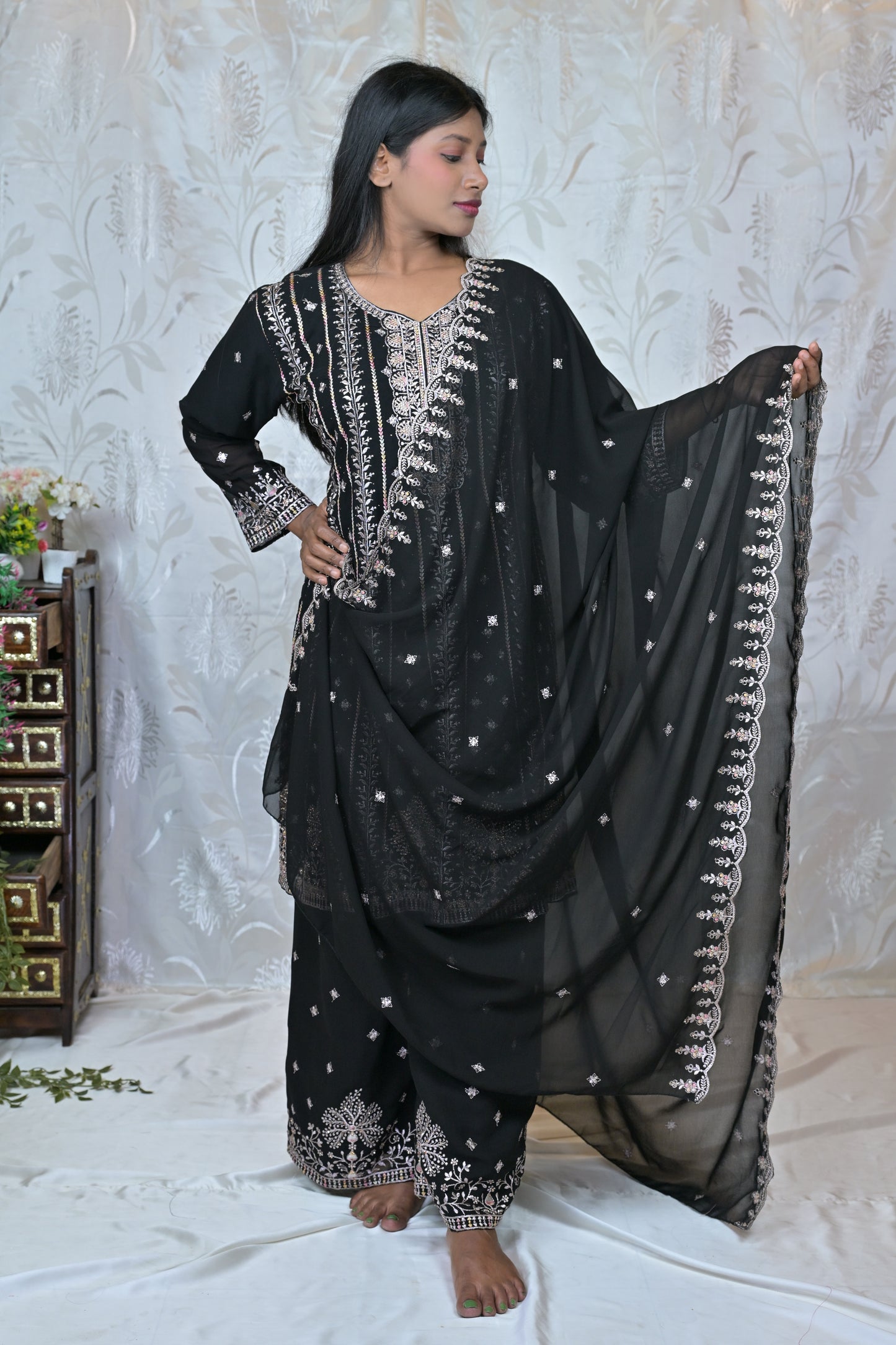 Shimmering Silver Georgette Heavy Suit Set