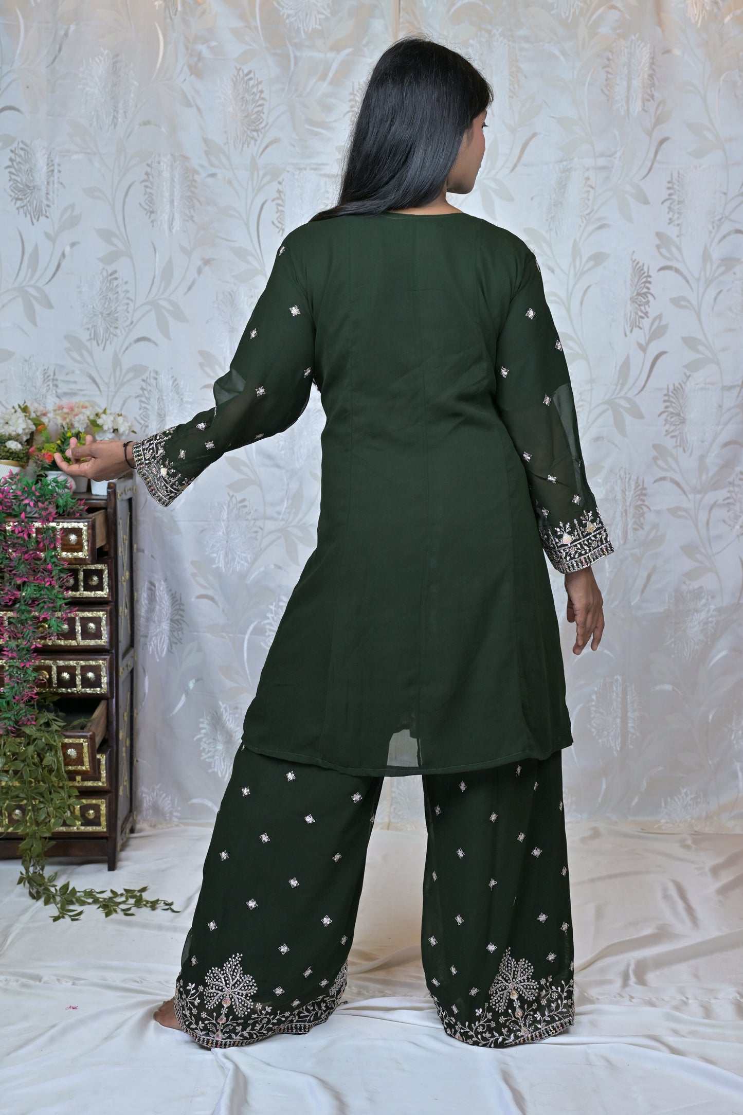 Shimmering Silver Georgette Heavy Suit Set