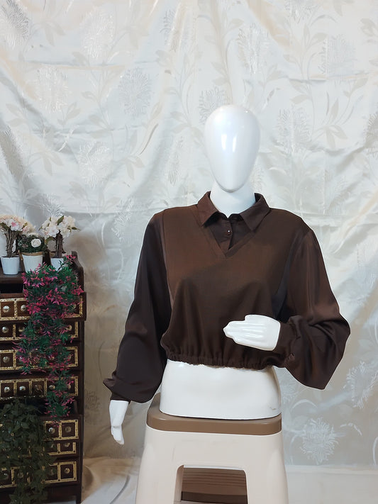 Women Brown Solid Cowl Neck Full Sleeve Crop Top