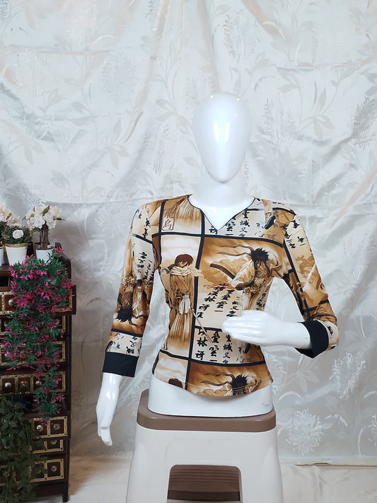 Women Beige & Brown Graphic Print 3/4 Sleeve Top