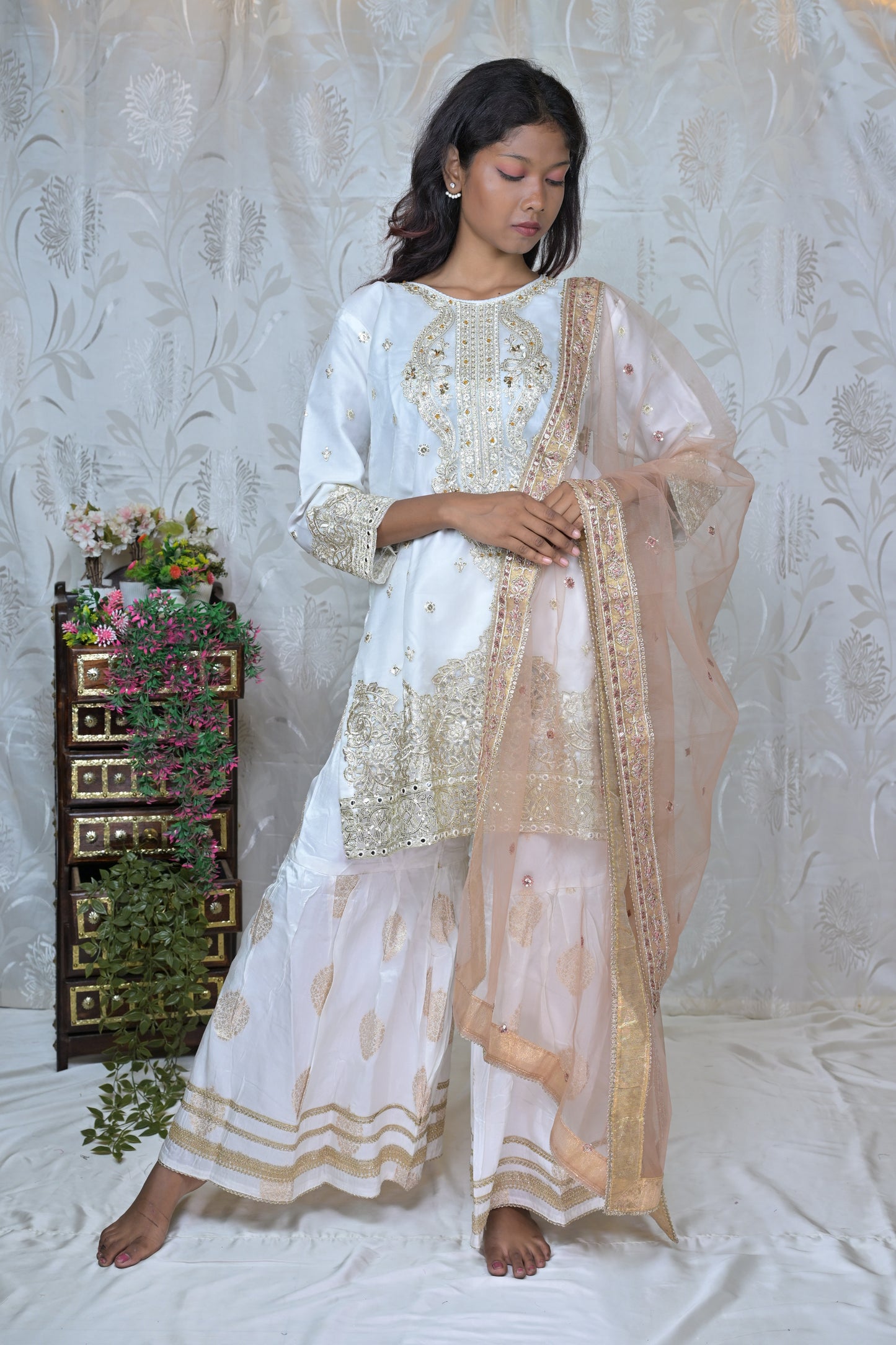 Elegant Gold Threadwork Sharara Ensemble