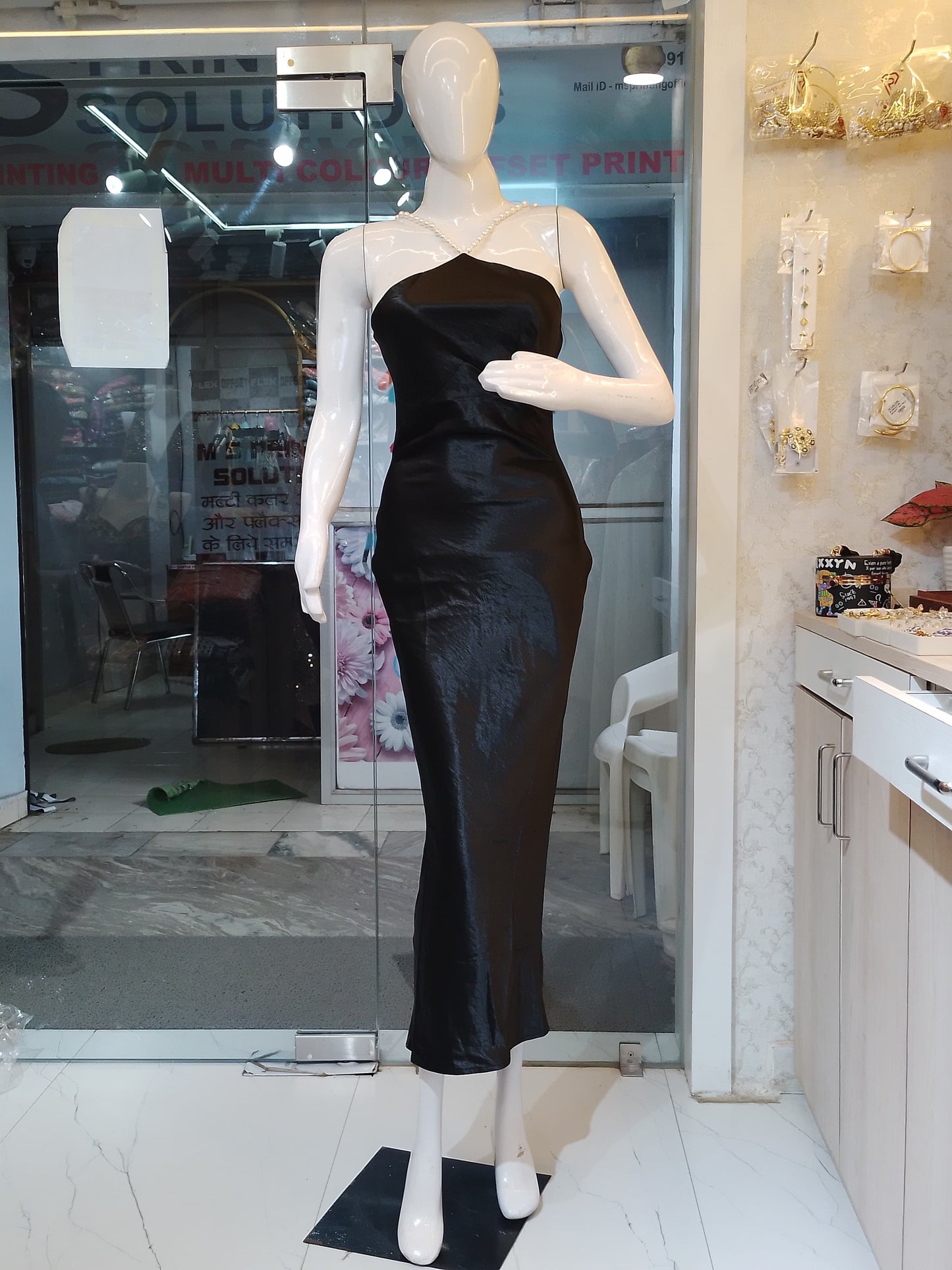 Black Satin Halter/Strapless Midi Dress