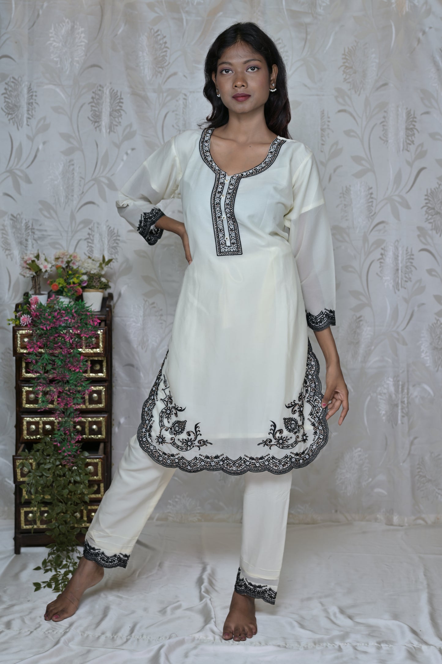 Black & White Border Detail Party Wear Suit Set