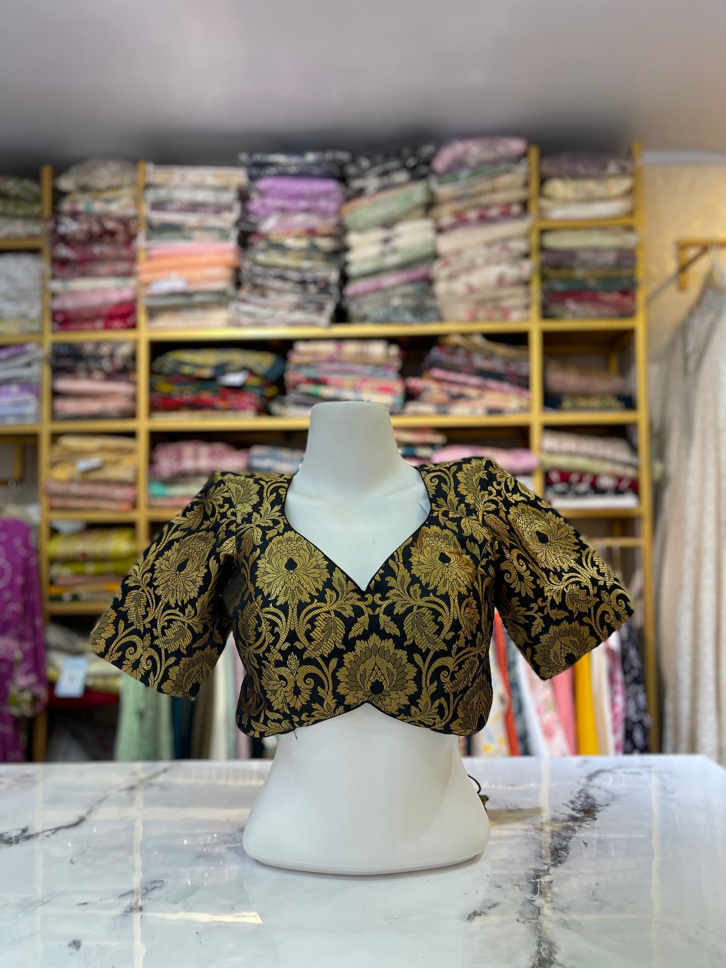 Dramatic Black & Gold Brocade Crop Blouse with Back Cut-Out and Tie-Up