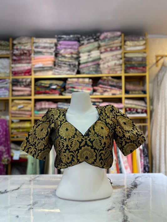 Dramatic Black & Gold Brocade Crop Blouse with Back Cut-Out and Tie-Up