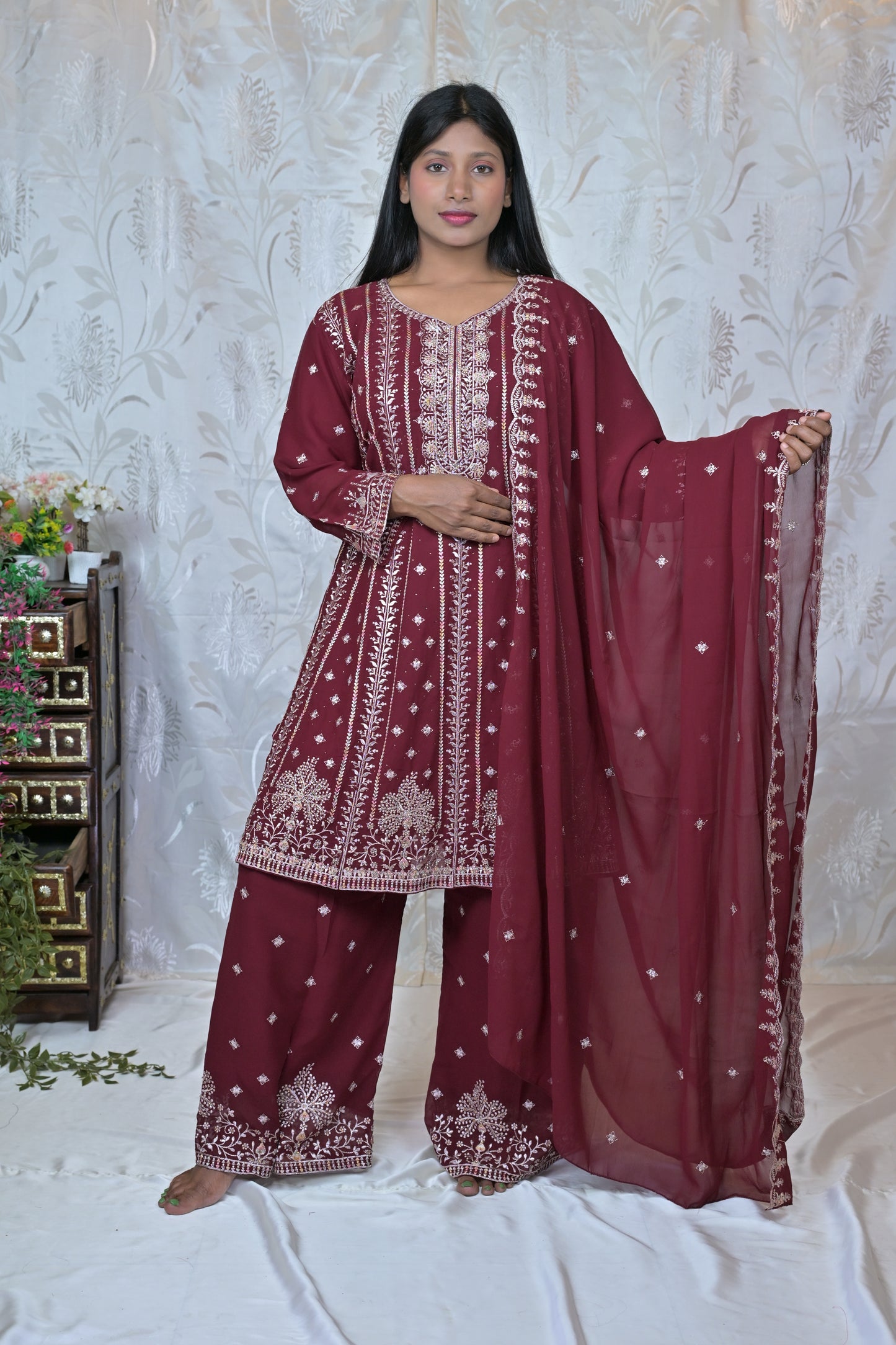 Shimmering Silver Georgette Heavy Suit Set