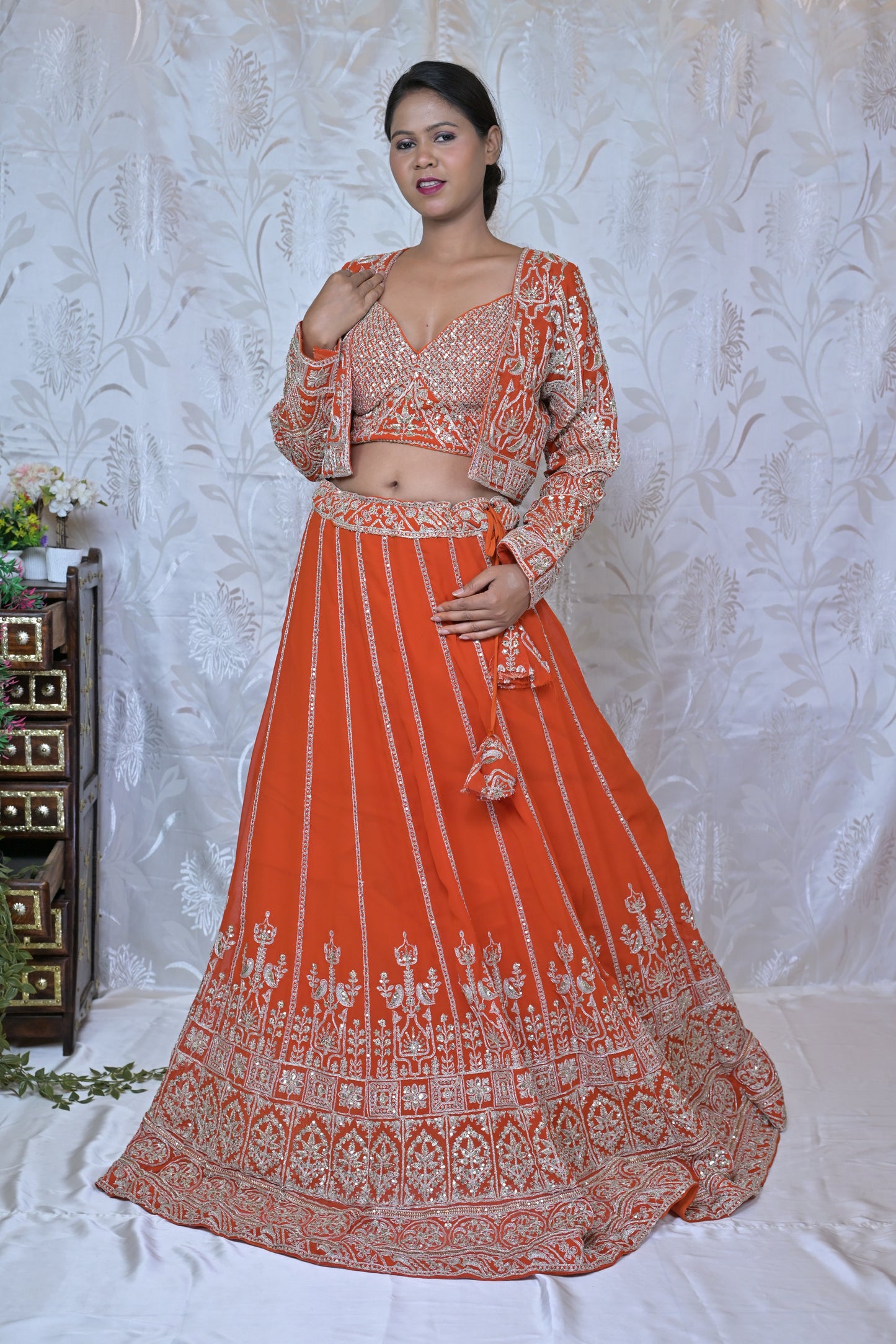 Orange Embroidered Lehenga Set with Jacket
