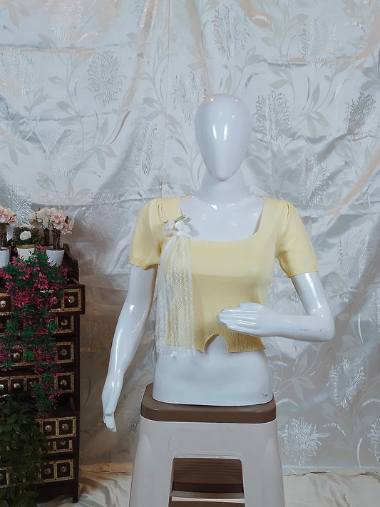 Ribbed Square Neck Top with Lace & Ribbon Detail