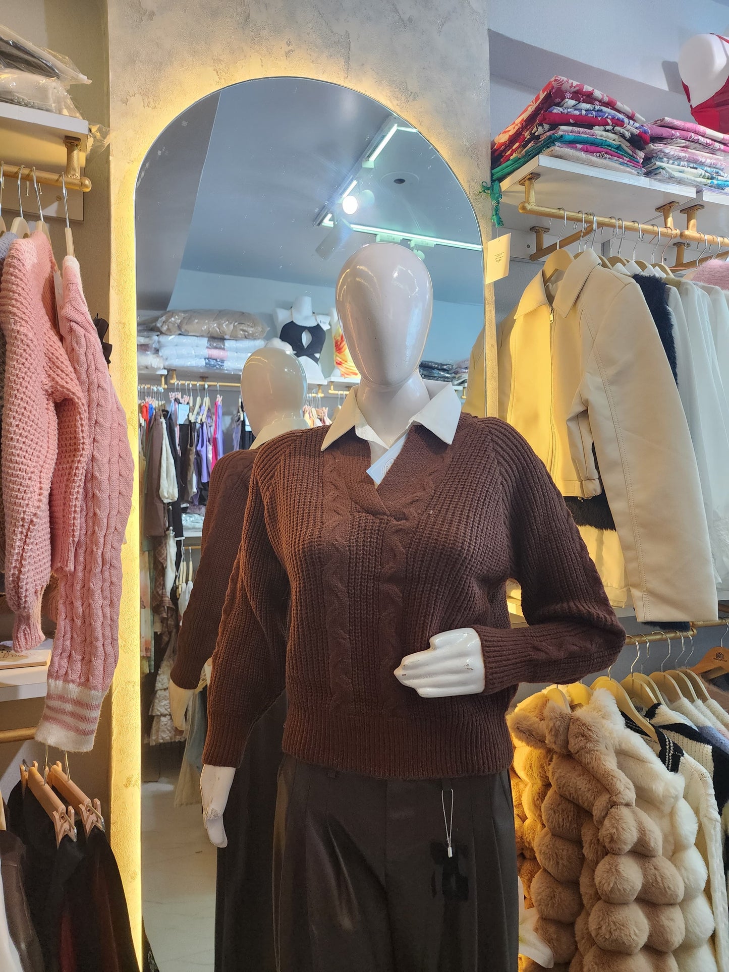 Layered V-Neck Knit Sweater with Collar