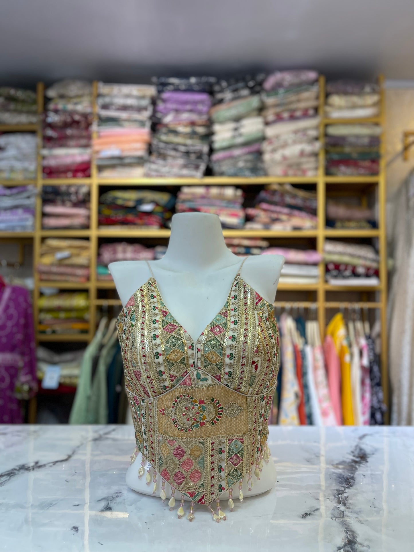 Jaipur Bloom" Multi-Patchwork Embellished Bustier Blouse