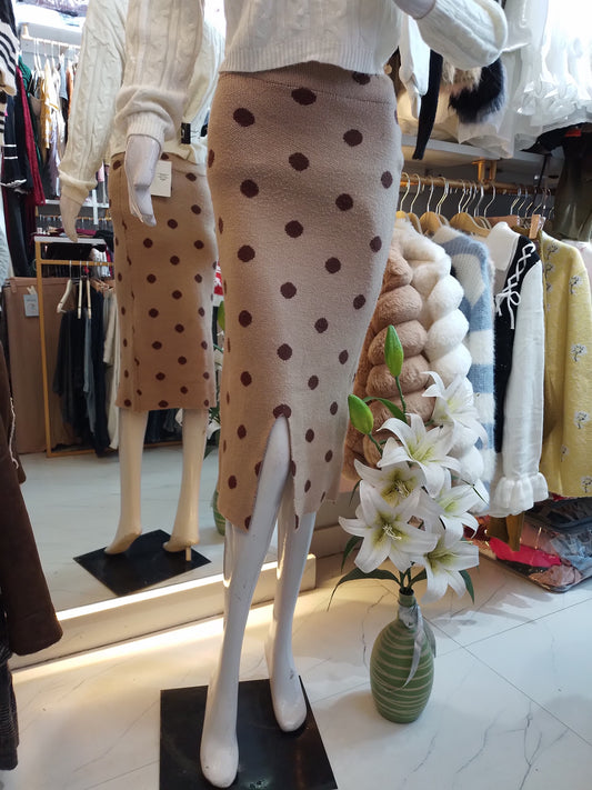 Mocha Spot" Polka Dot Knit Midi Skirt