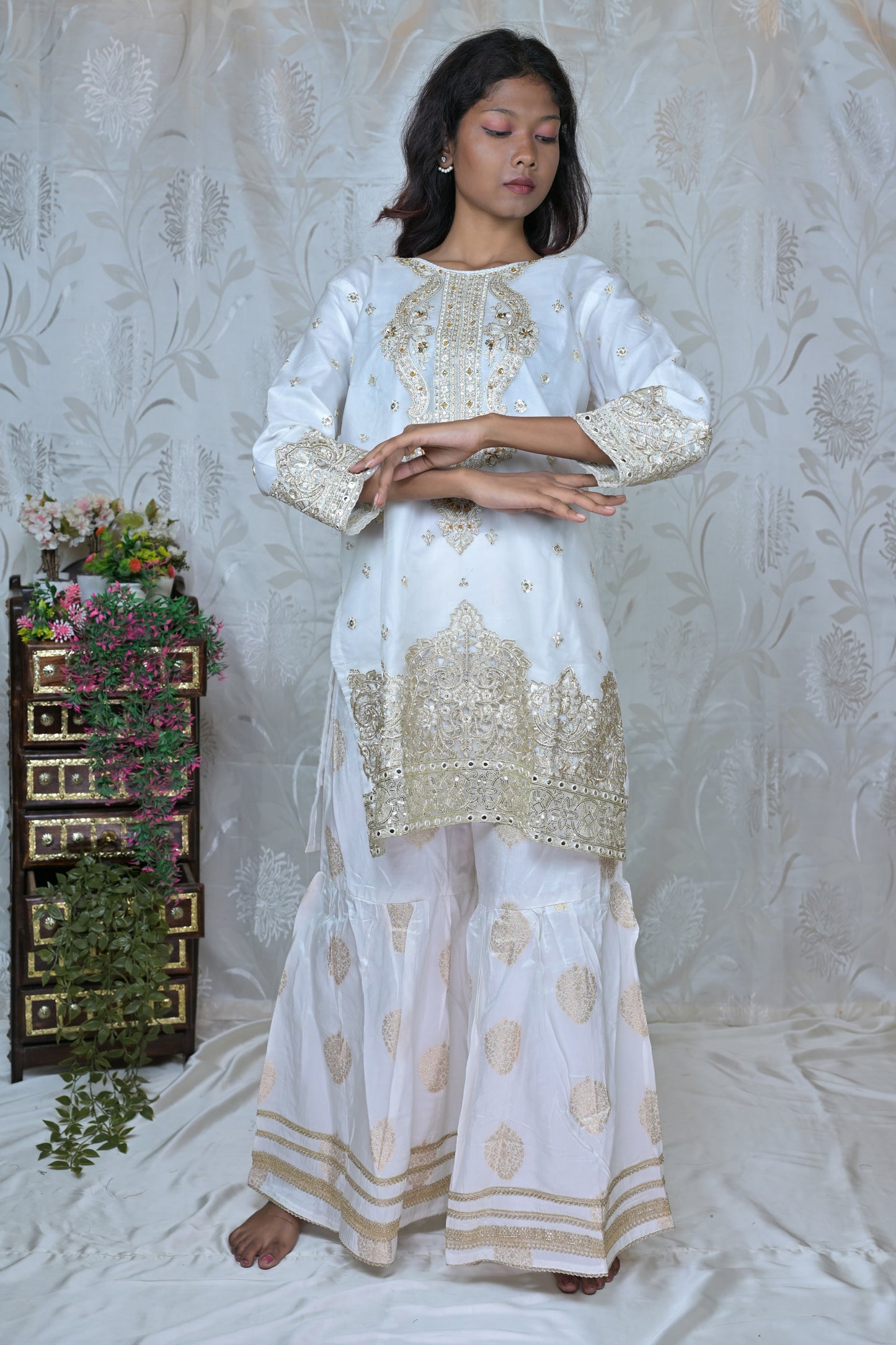 Elegant Gold Threadwork Sharara Ensemble