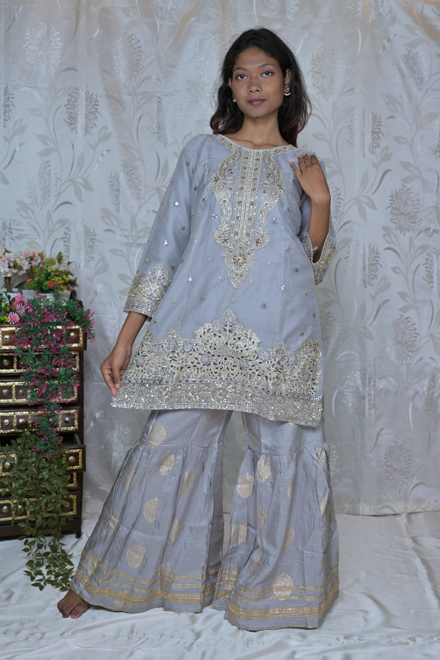 Elegant Gold Threadwork Sharara Ensemble