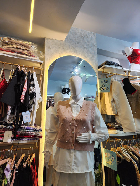 Detachable Pearl Knit Vest & Shirt Set