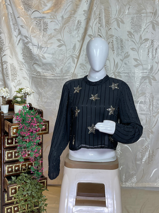Black Sequin Star Y2K Crop Top