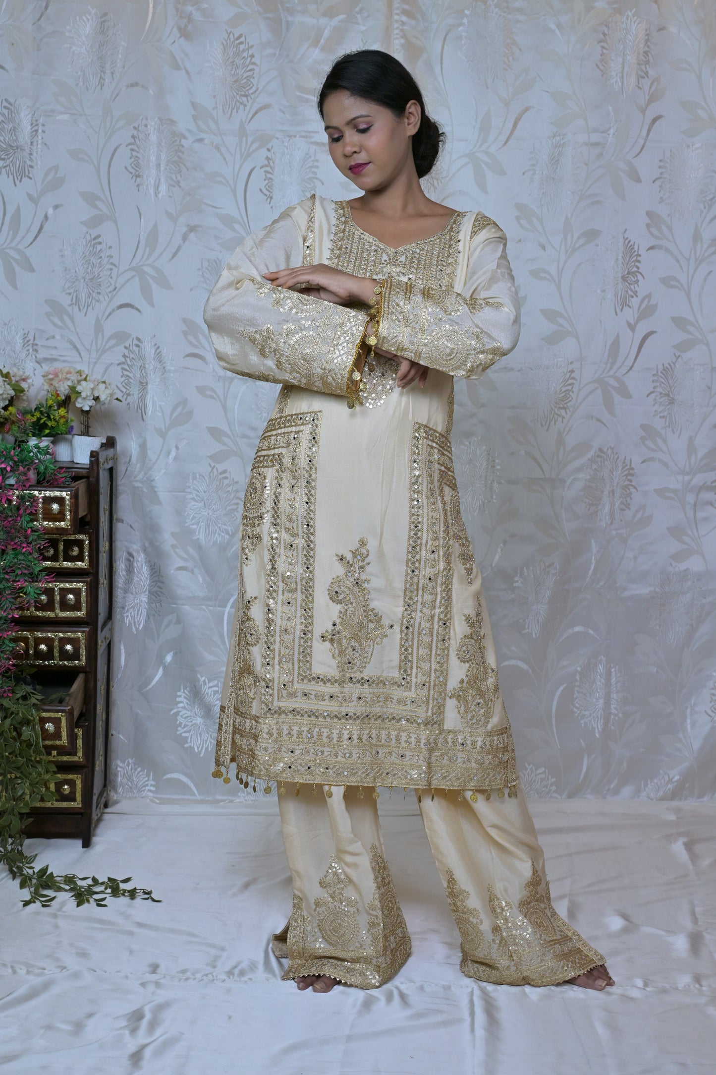 Cream & Gold Heavy Embroidered Palazzo Suit Set