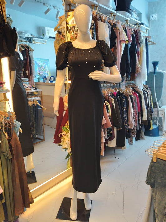 Regal Pearl Puff-Sleeve Maxi Gown