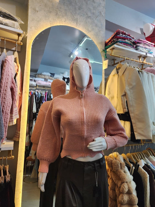 Cropped Waffle Knit Hoodie Cardigan