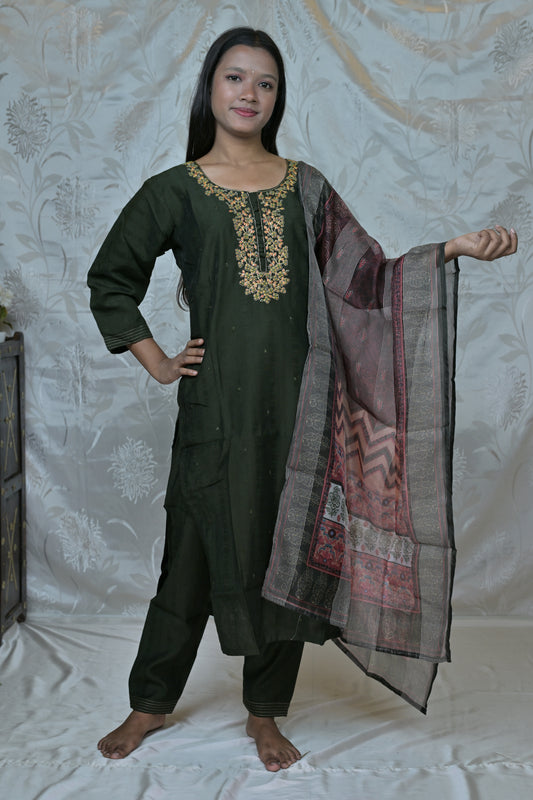 Olive Green Cotton Suit Set with Printed Dupatta