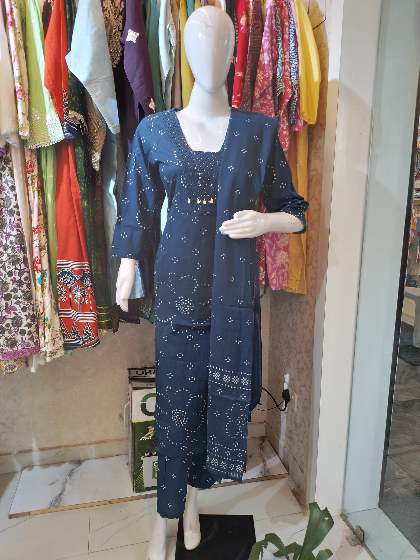 Navy Blue Printed Cotton Suit with Dupatta
