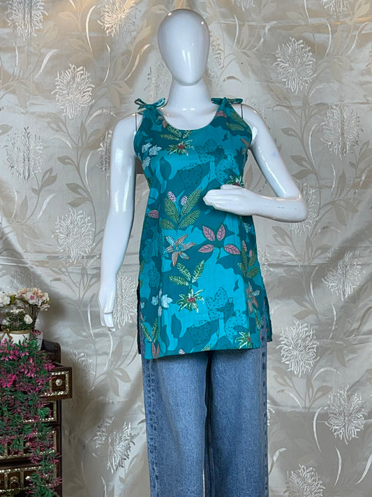 Women Blue Floral Printed Sleeveless Short Kurti with Dori Tie-Ups