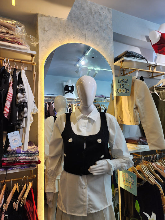 Daisy Bloom" Layered Knit Vest & Shirt Ensemble