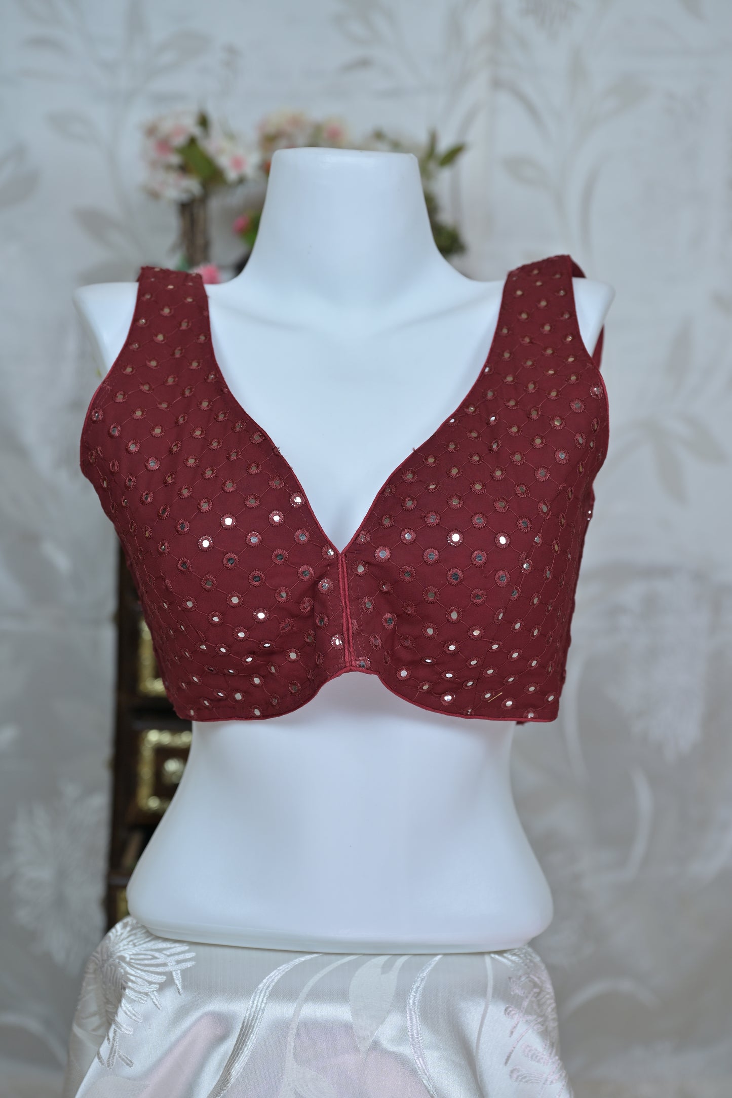 Deep V-Neck Mirror Work Blouse with Dori