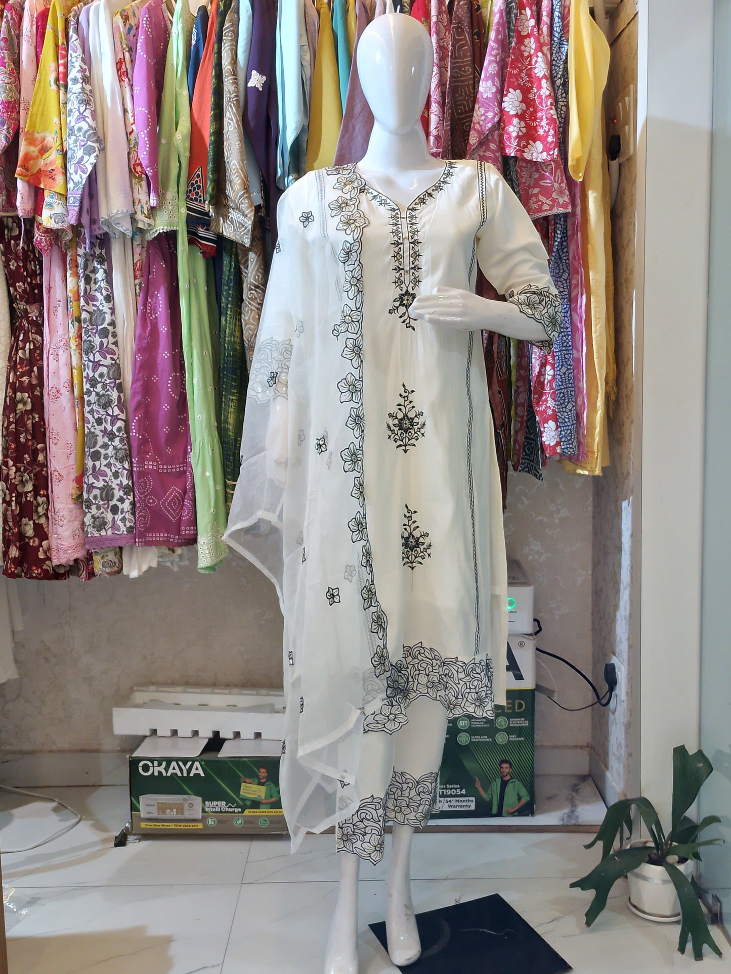 Monochrome Bloom" Embroidered Suit with Organza Dupatta