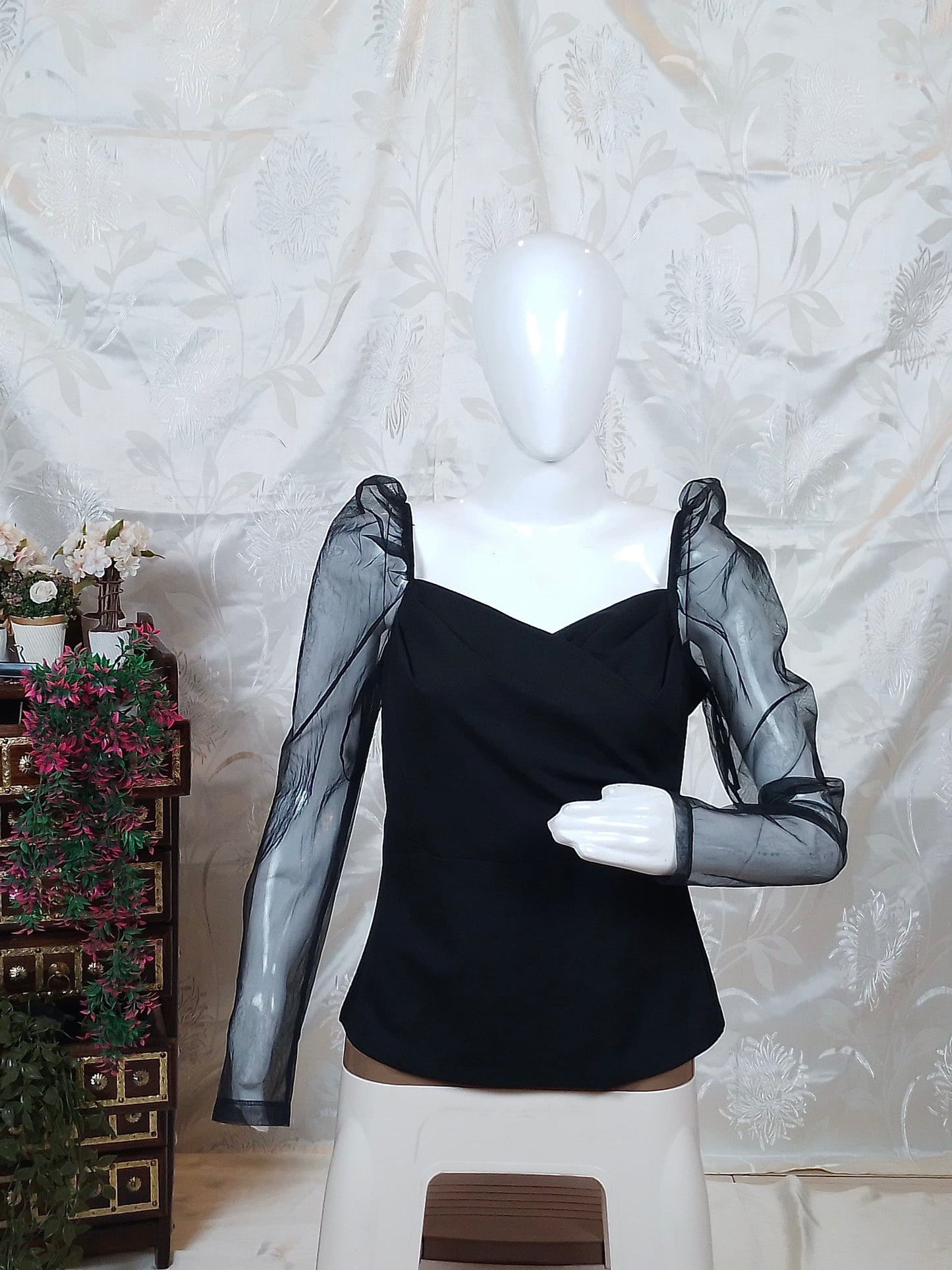 Black Sweetheart Neck Sheer Top
