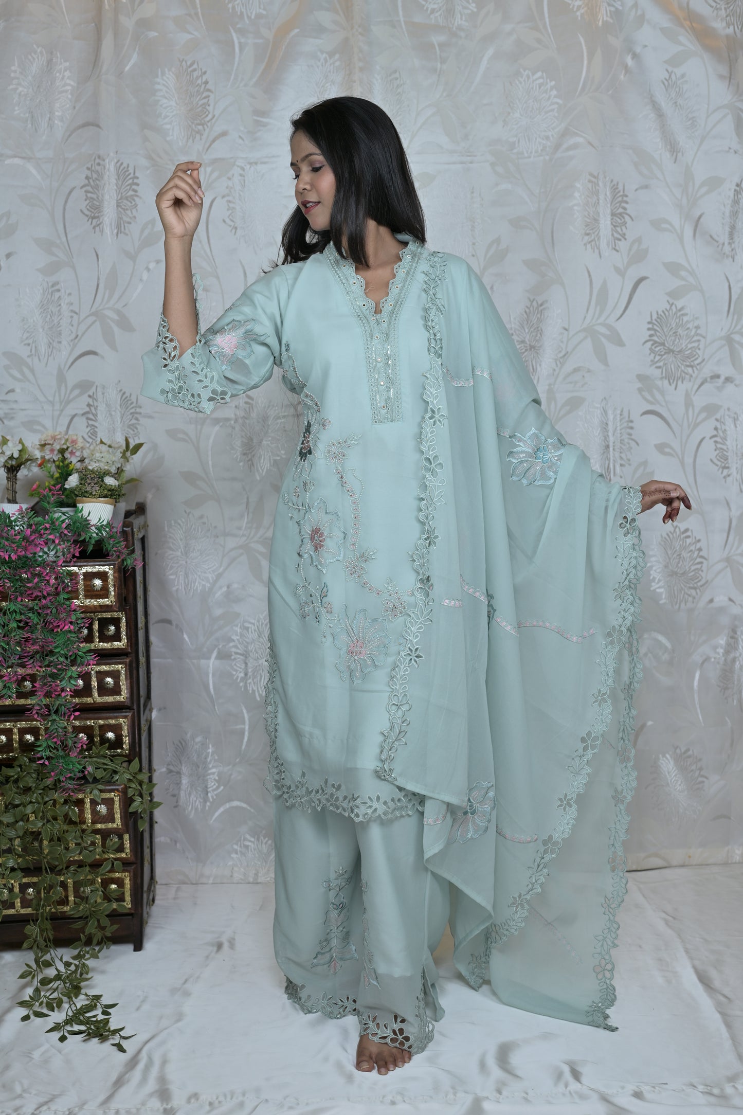 Floral Cutwork Embroidered Bell Sleeve Set