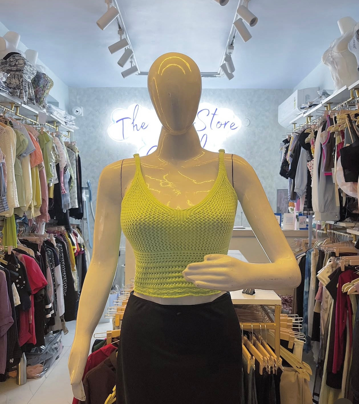 Green Striped Sleeveless Crochet Knit Crop Top