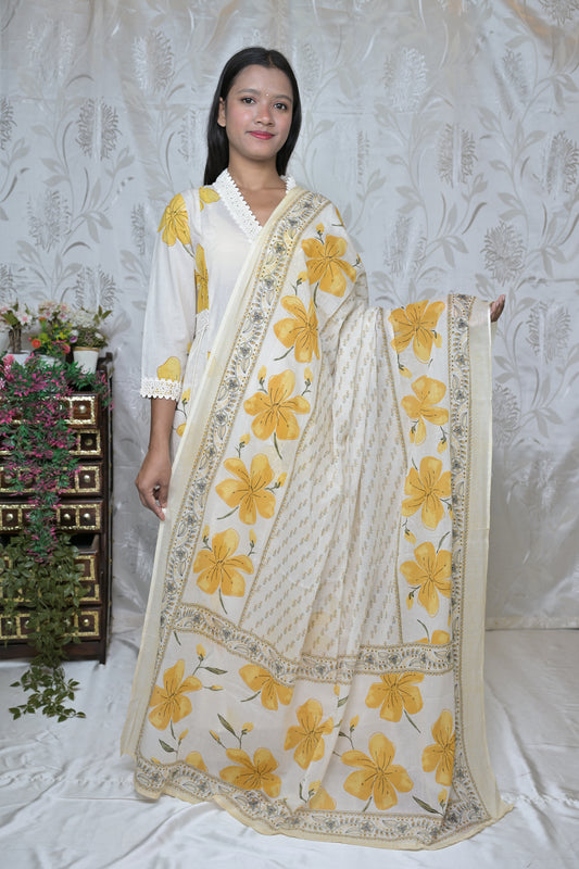 Artistic Floral Painted Kurta Set with Wrap Detail