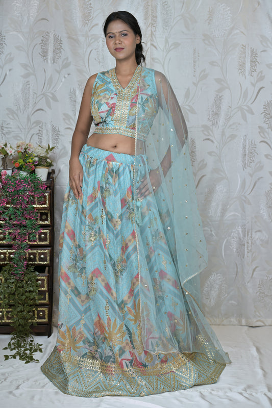 Soft Net Embroidered Lehenga Set in Steel Blue