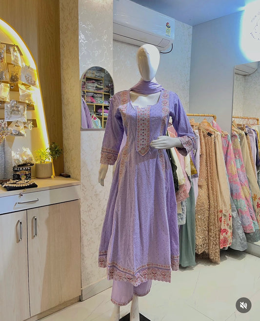 Anubhutee Lavender Thread Work Chikankari Anarkali Kurta with Trousers & Dupatta