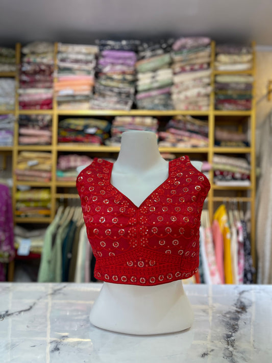 Embroidered Sleeveless V-Neck Blouse