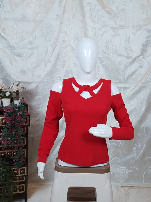 Women Red Solid Cold-Shoulder Top with Cutout Detail