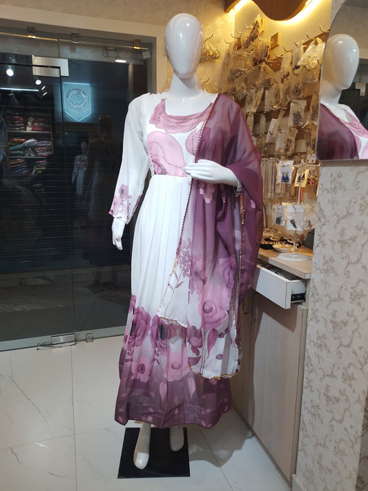 "Rose Bloom" White & Mauve Floral Chiffon Anarkali Suit