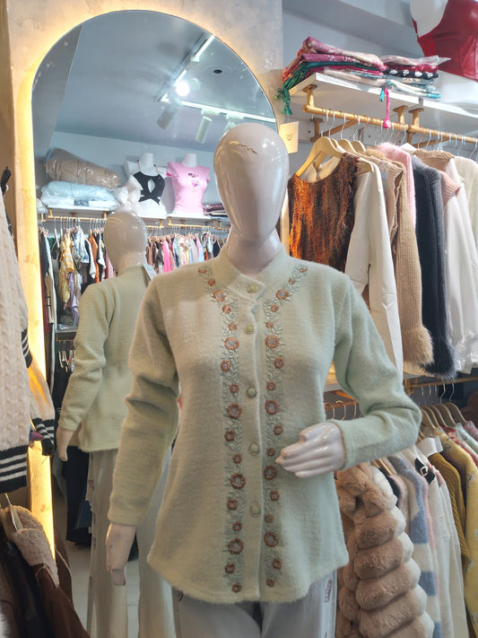 Spring Sage" Embroidered Knit Cardigan