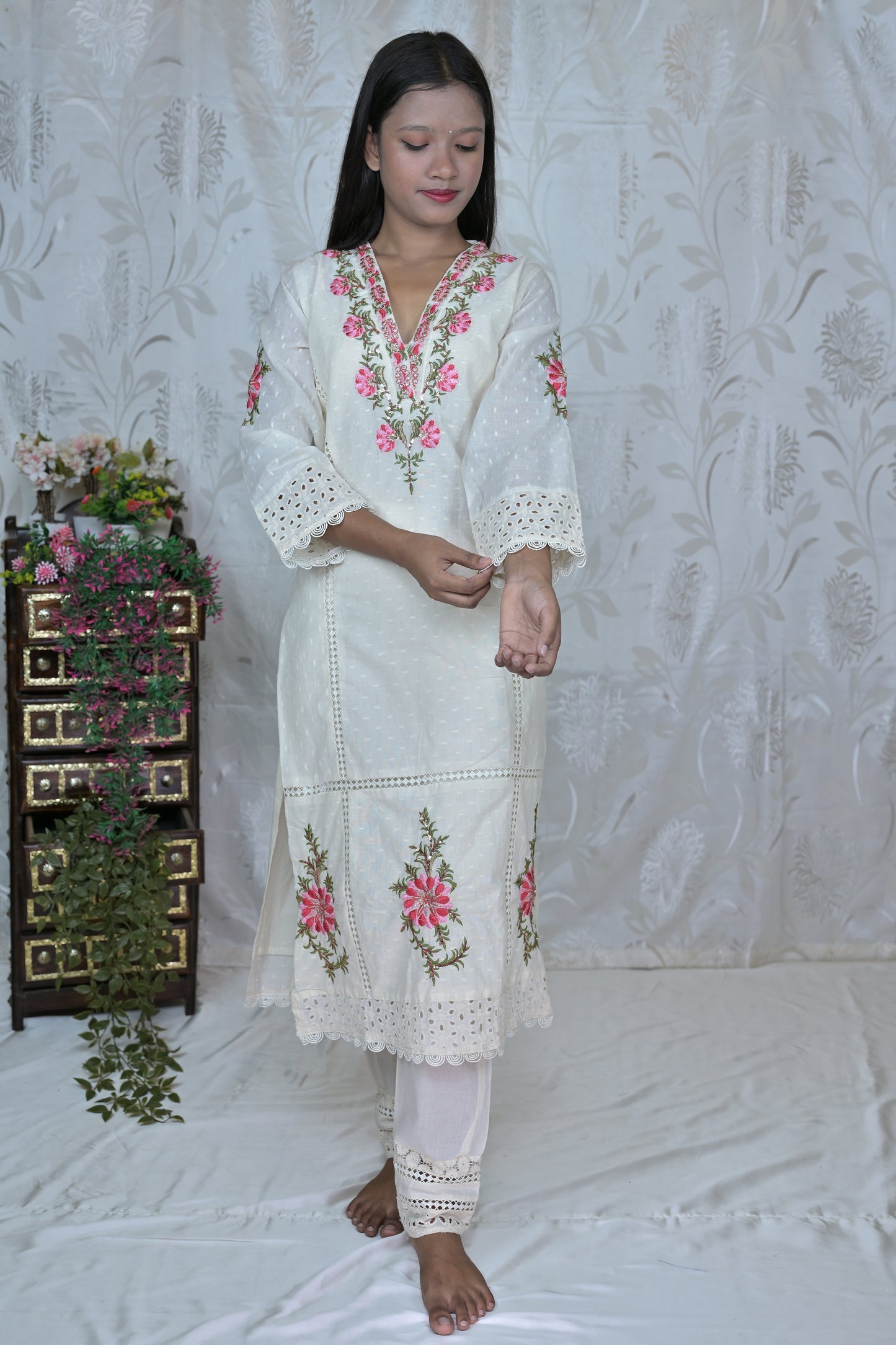Delicate Floral & Cutwork White Suit
