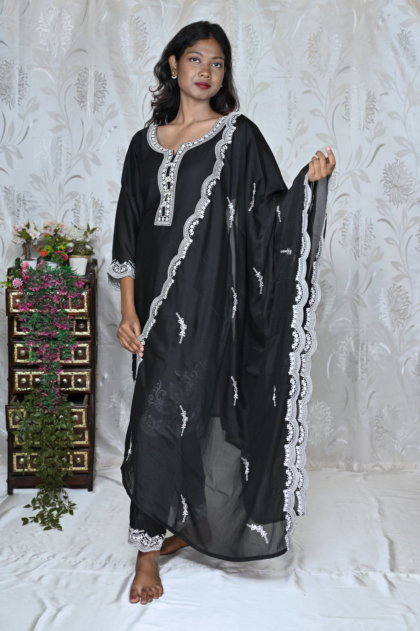 Black & White Border Detail Party Wear Suit Set