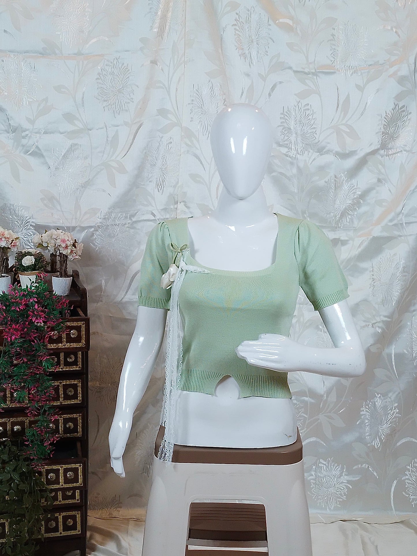 Ribbed Square Neck Top with Lace & Ribbon Detail